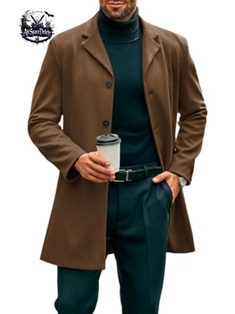 Mens Mid-Long Trench Coat Single Breasted Pea Coat Polyester